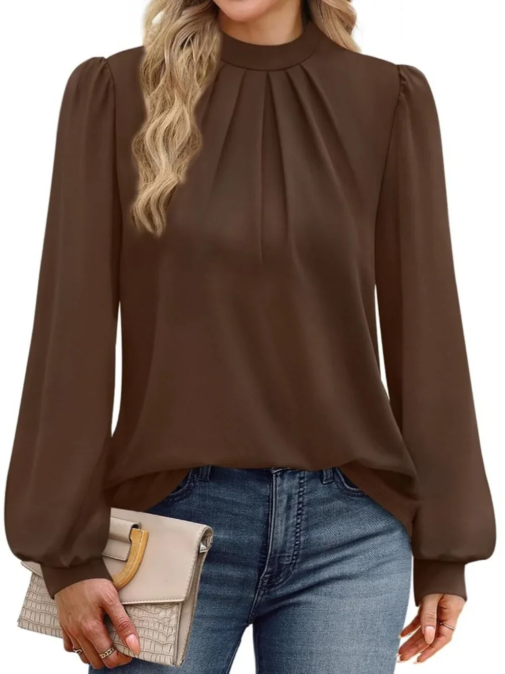 Women's Brown Long Sleeve Shirts Pleated Front Blouses Dressy Mock Neck Tops